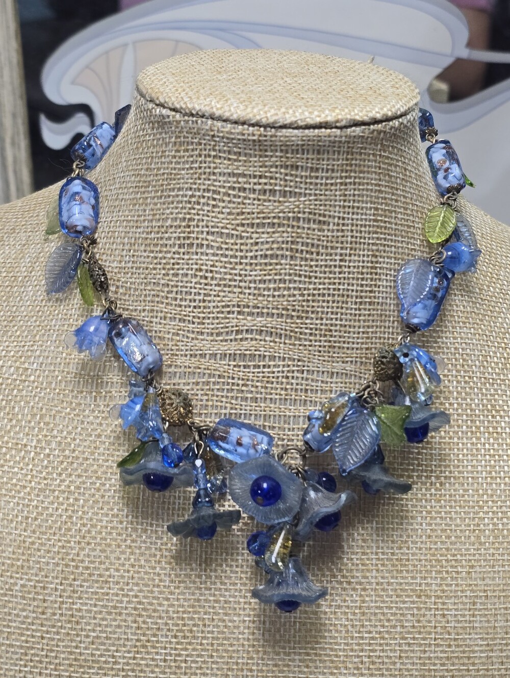 Antique Art Glass Morning Glory Bell Flower Floral & Leaf Whimsical Necklace